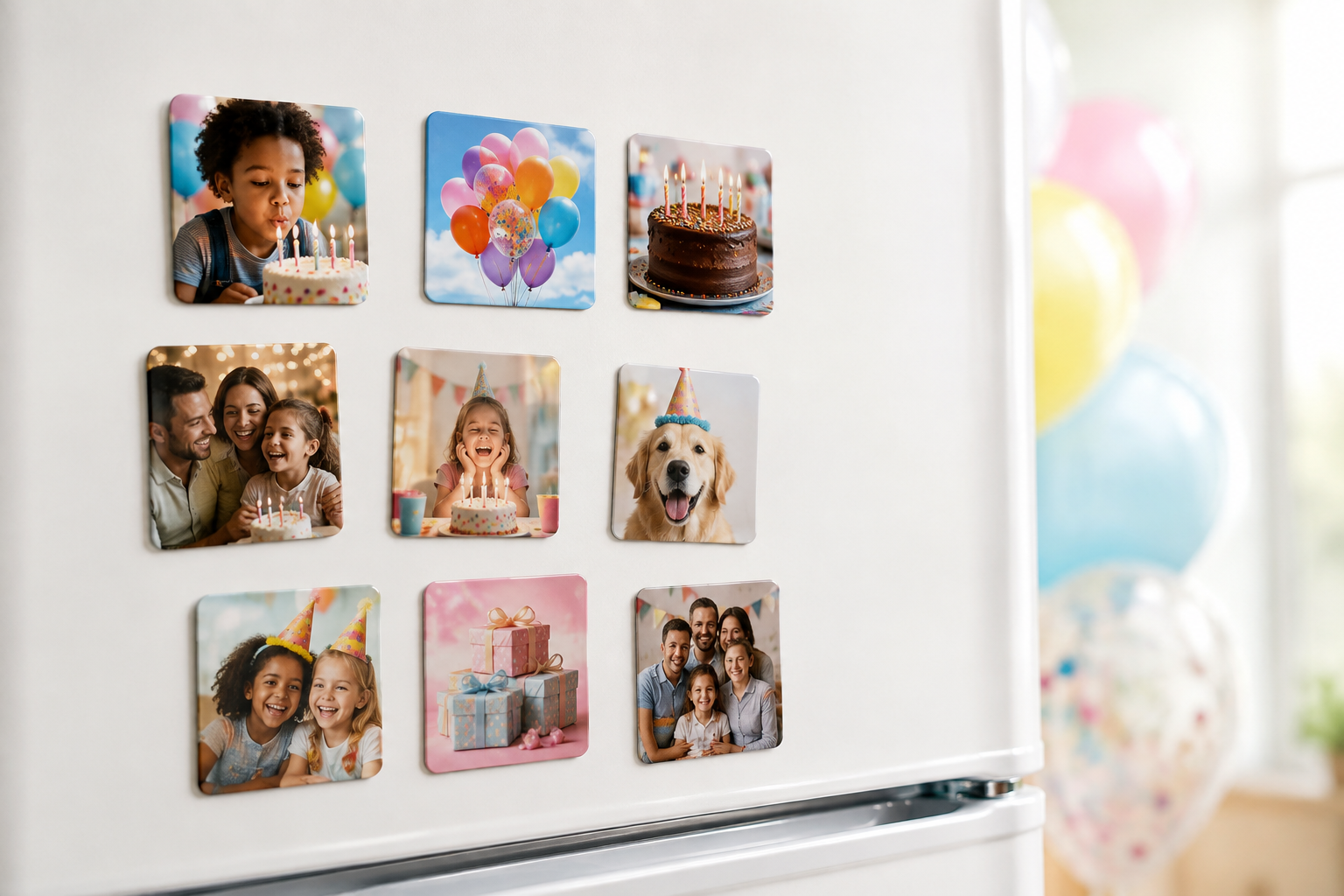 Birthday Party Favor Magnets — glossy square custom photo magnets
