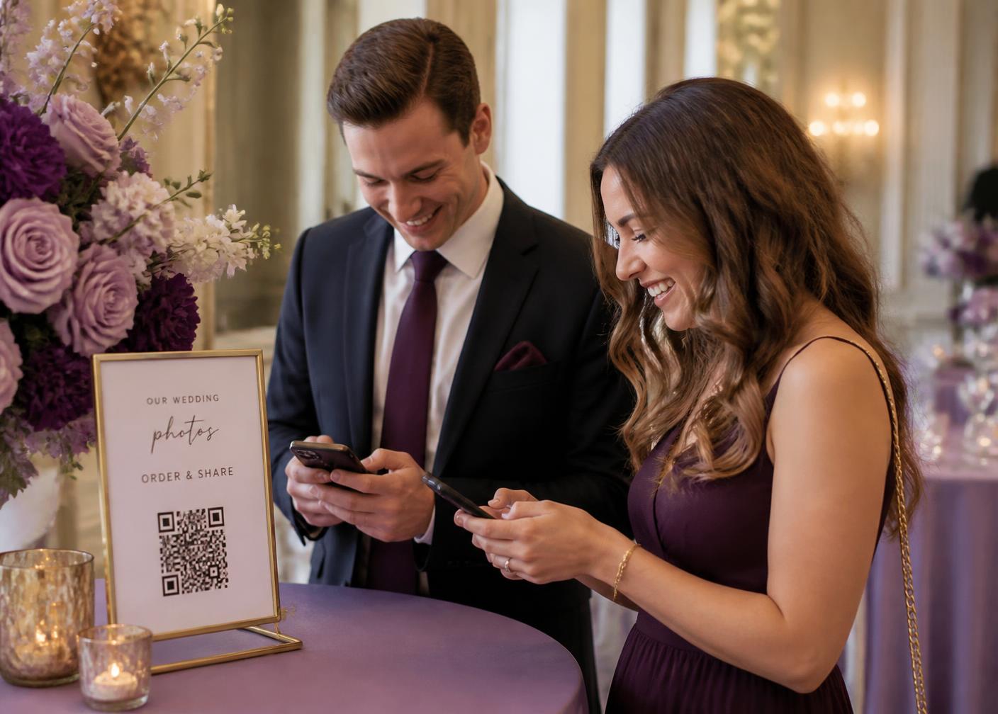 Guests scanning a QR-code sign with their own phones to order photo magnets