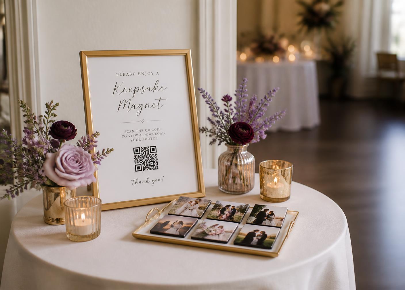 A simple self-serve keepsake table with a QR-code ordering sign and sample glossy square photo magnets