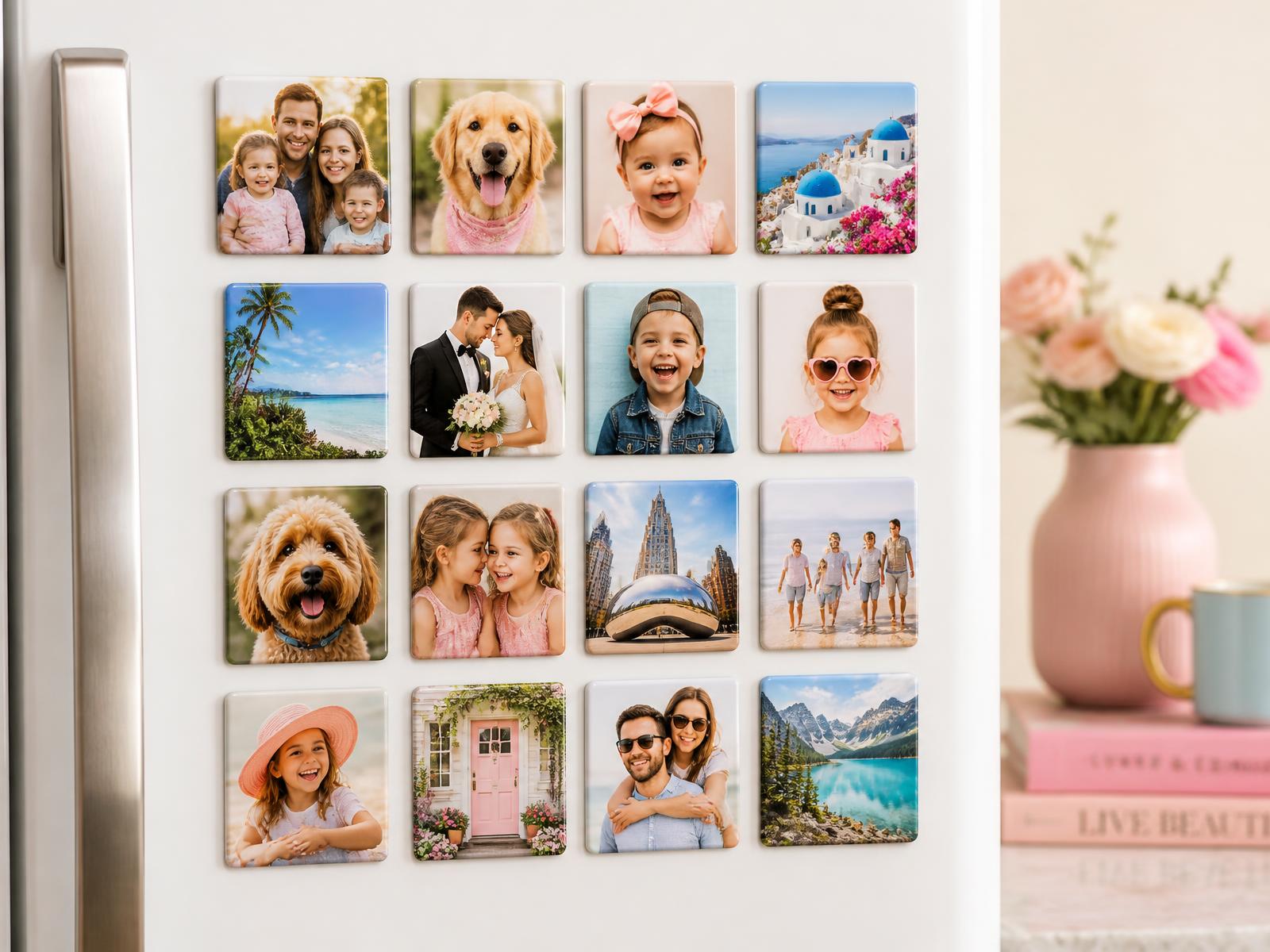 A refrigerator covered in glossy square custom photo magnets of families, pets, weddings and vacations