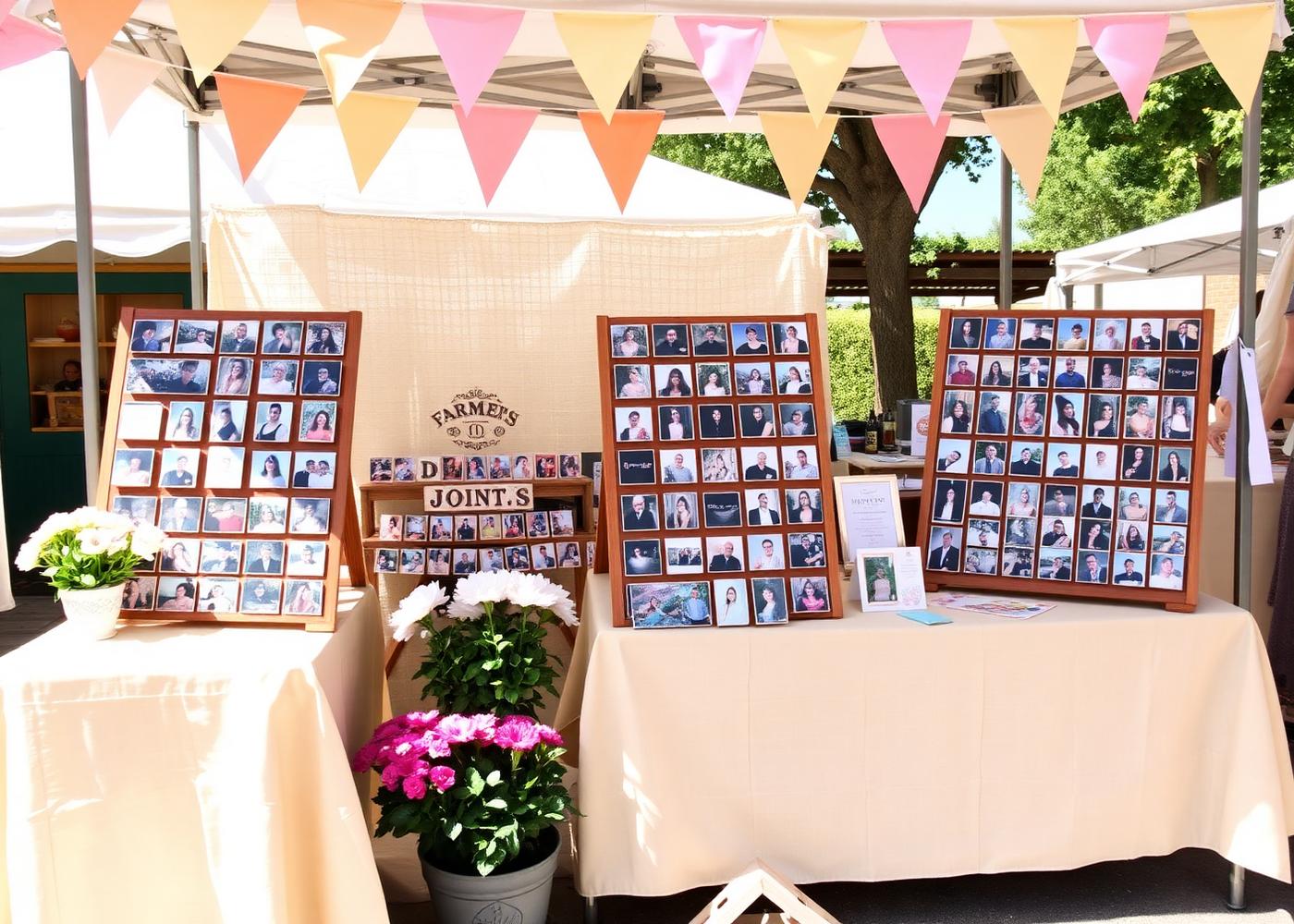 A cheerful Lynn Bug’s Custom Keepsakes market booth with displays of glossy square photo magnets